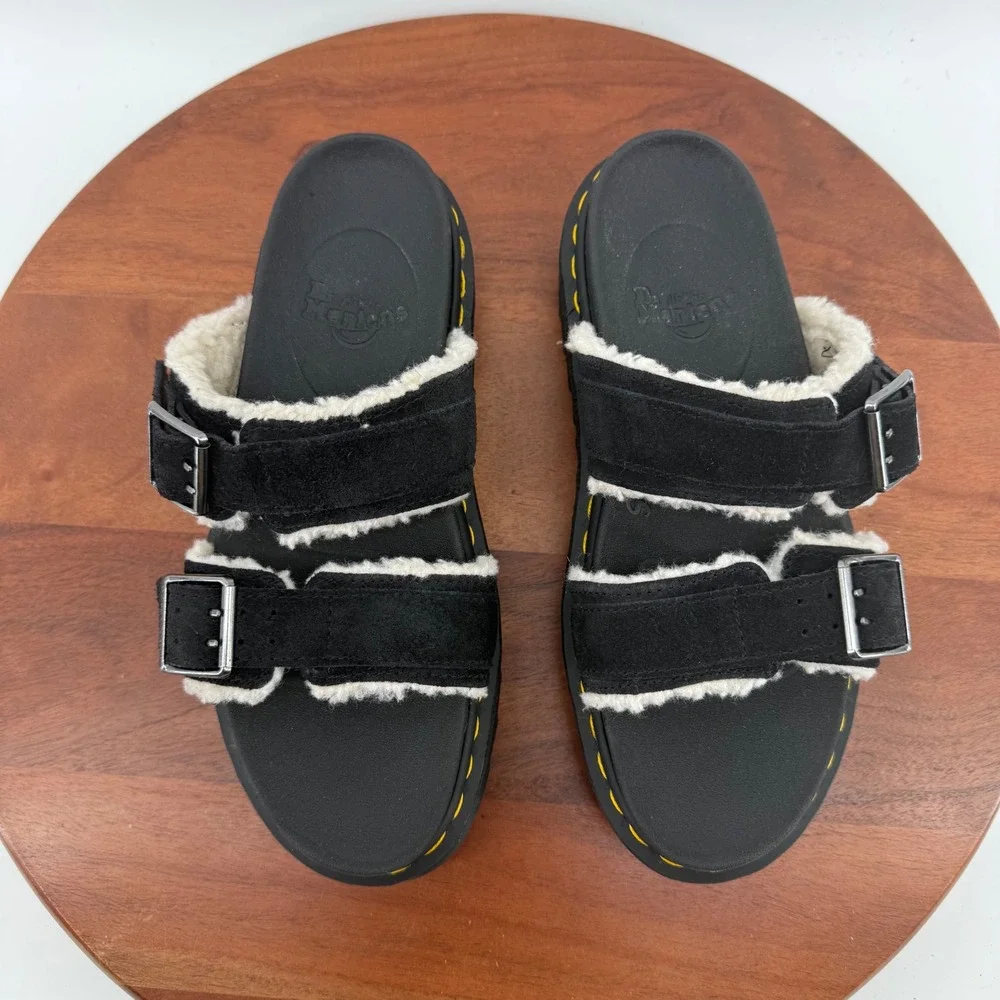 Dr. Martens Myles Suede Faux Shearling Lined Sandal Black Platform Slide Women 8